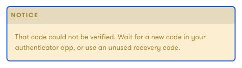 Notice that a code could not be verified, with instructions to wait for a new code or use an unused recovery code.