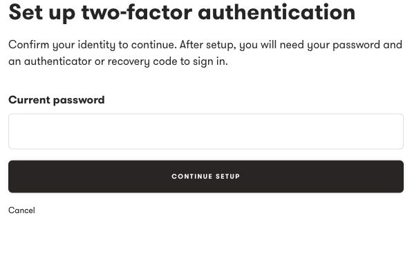 Setup confirmation form with Current password and Continue setup.
