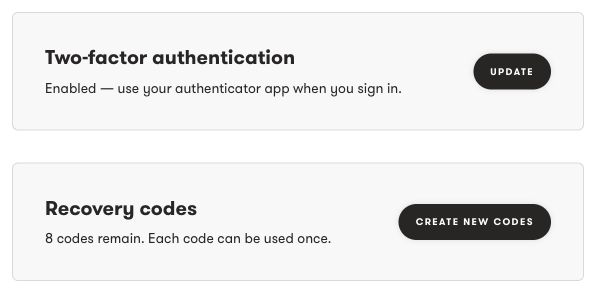 Recovery codes card showing the remaining count and Create new codes button.